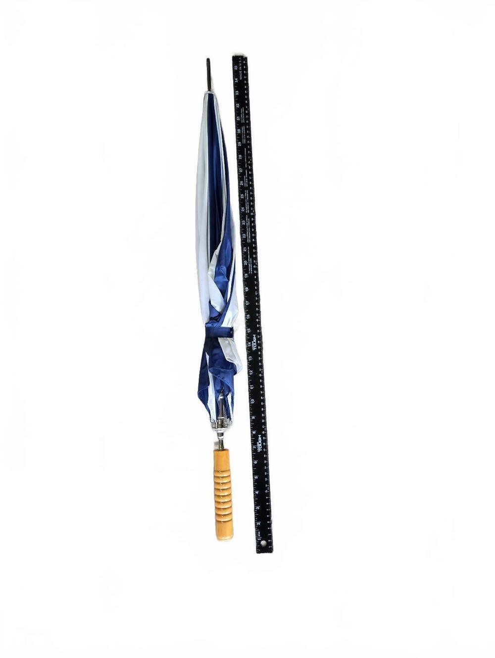 Blue and white logo umbrella with wood handle WPTO 14 and WPTD 16